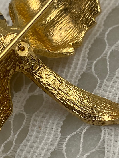 Brushed Gold-Tone Orchid Brooch with Faux Pearl by D’Orlan / Boucher