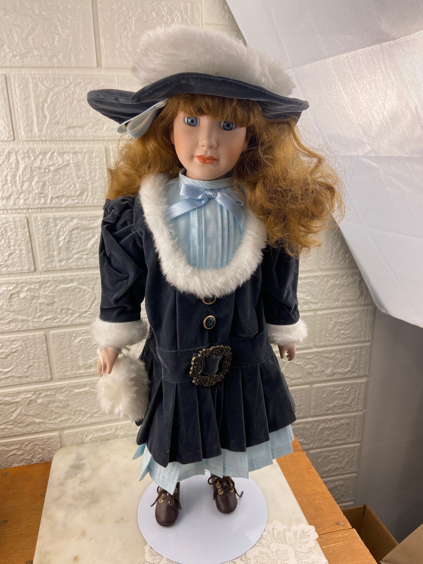 19” Bisque Porcelain Doll with Blue Velvet Dress, Pantaloons and Hat | Includes Metal Doll Stand