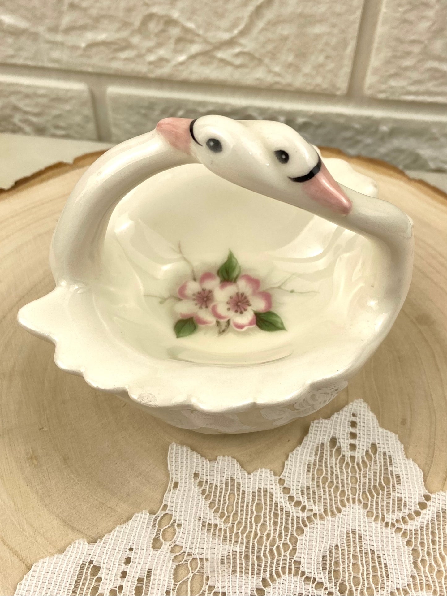 Entwined Swans Porcelain Basket Trinket Dish