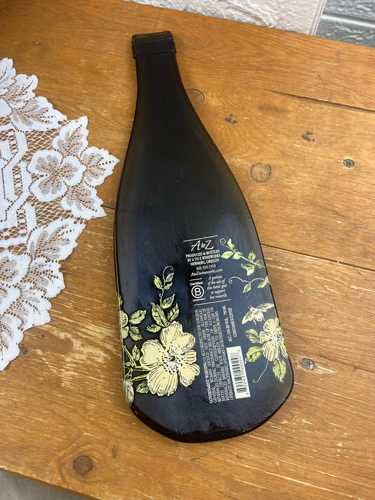 Slumped or Melted Wine Bottle Spoon Rest with Lemony-Green Flower and Bee Pattern