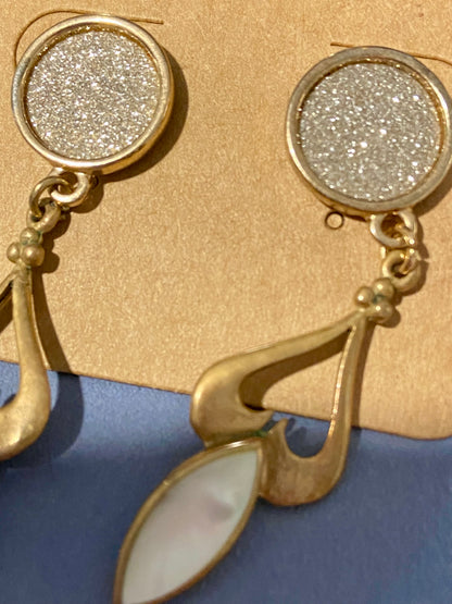 Gold-Tone Sparkly Disk Earrings with Teardrop Mother of Pearl Dangles for Pierced Ears [Posts]
