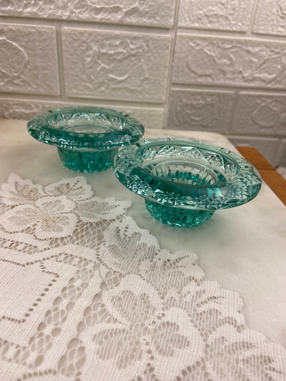Pair of Sea Green Glass Candle Votives for Tea Lite or Tapered Candles