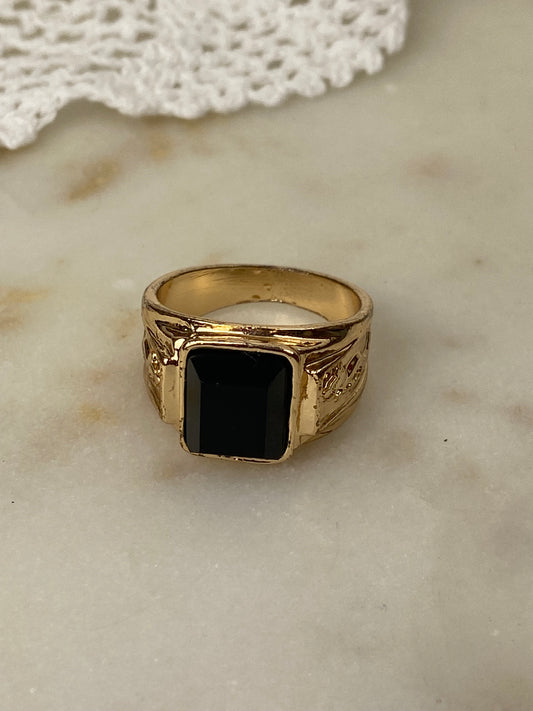 Men’s Black and Gold-Tone Ring with Double Dragon Embossed Band