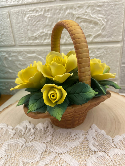 Hand Painted Bisque Porcelain Basket of Yellow Roses and Rosebuds