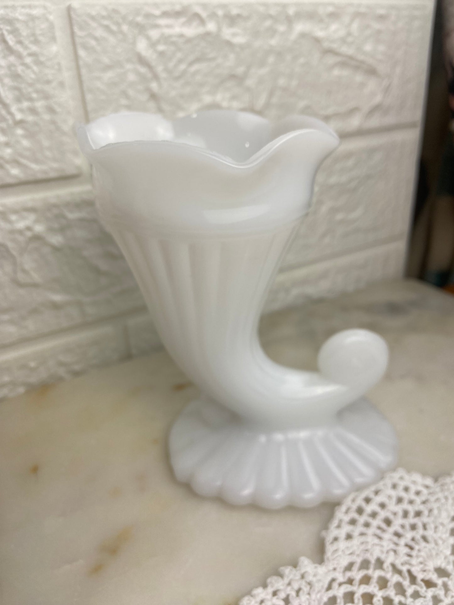 Milk Glass Cornucopia Vase by Jeanette Glass