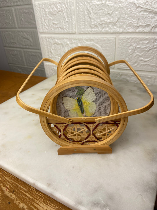 Bamboo Wicker Drink Coaster Set with Butterflies
