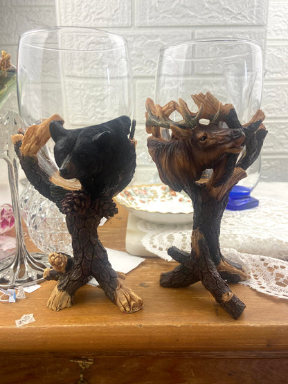 Resin Black Bear Encased Wine Glass with Forest—Themed Stem
