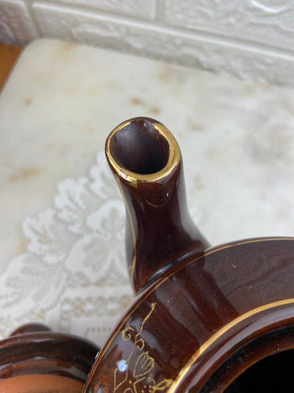 Japanese Redware | Small Brown Teapot with Hand Painted Enamel & Gold-Tone Design