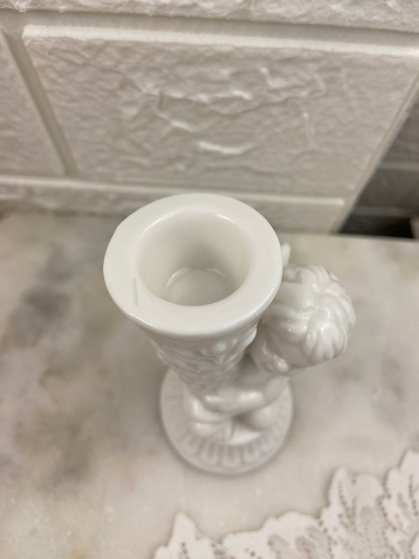4.25” Glossy White Cherub Tapered Candle Holder