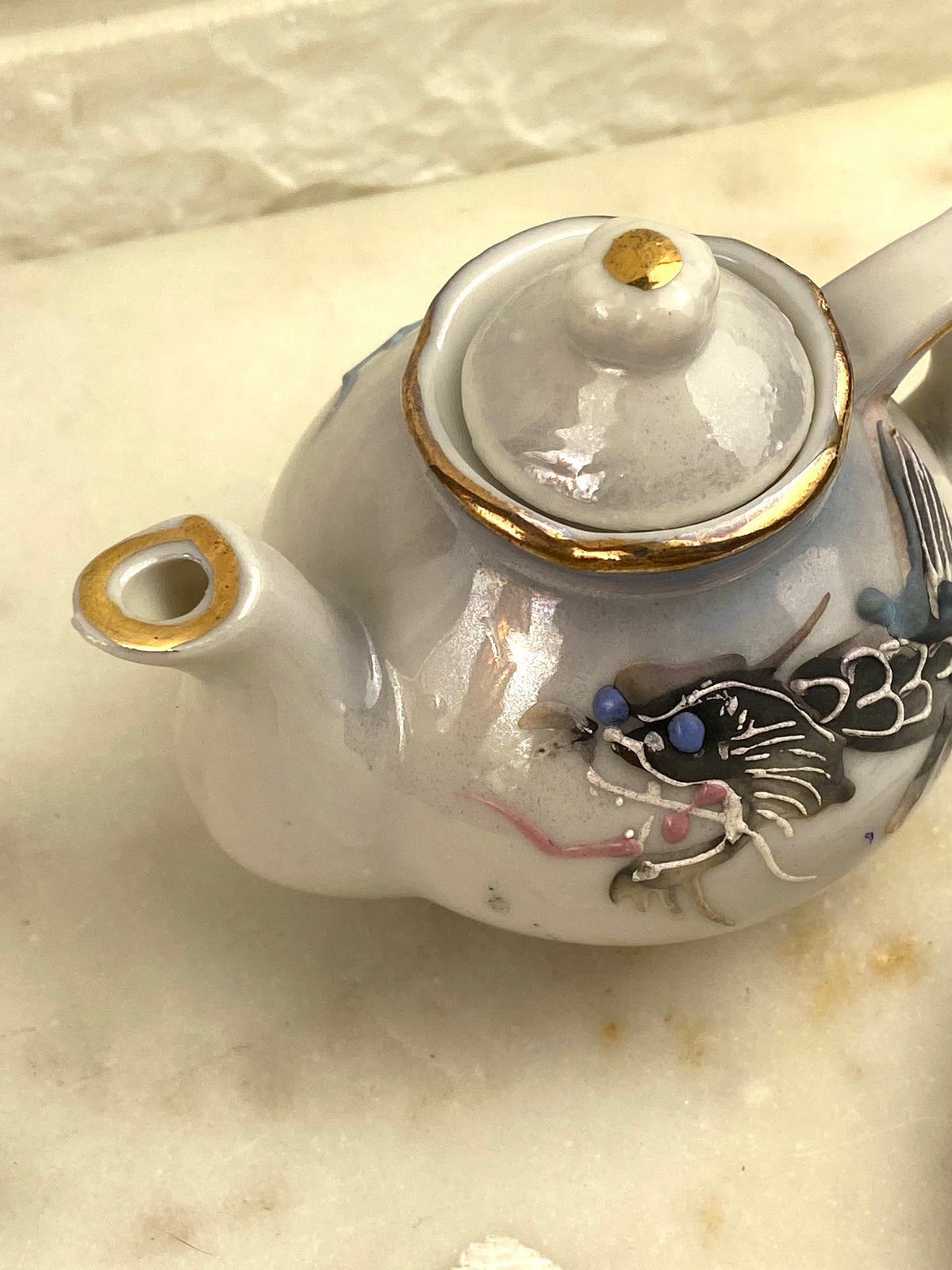Hand Painted Porcelain Mini Teapot with Matching Plate | Textured Dragon with Irridescent Glaze