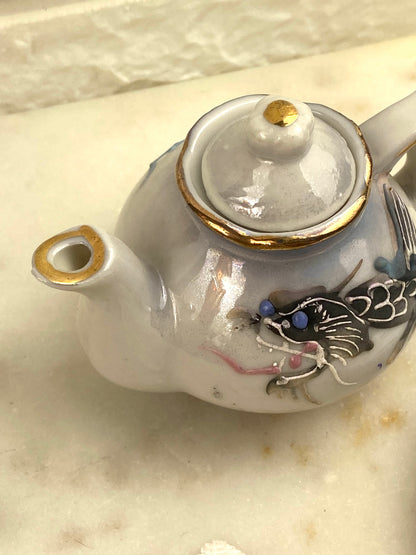 Hand Painted Porcelain Mini Teapot with Matching Plate | Textured Dragon with Irridescent Glaze