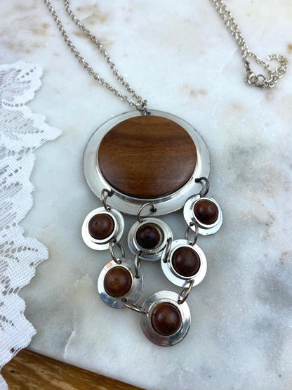 Scandinavian Style Mid Century Modernist Necklace | Metal & Wood