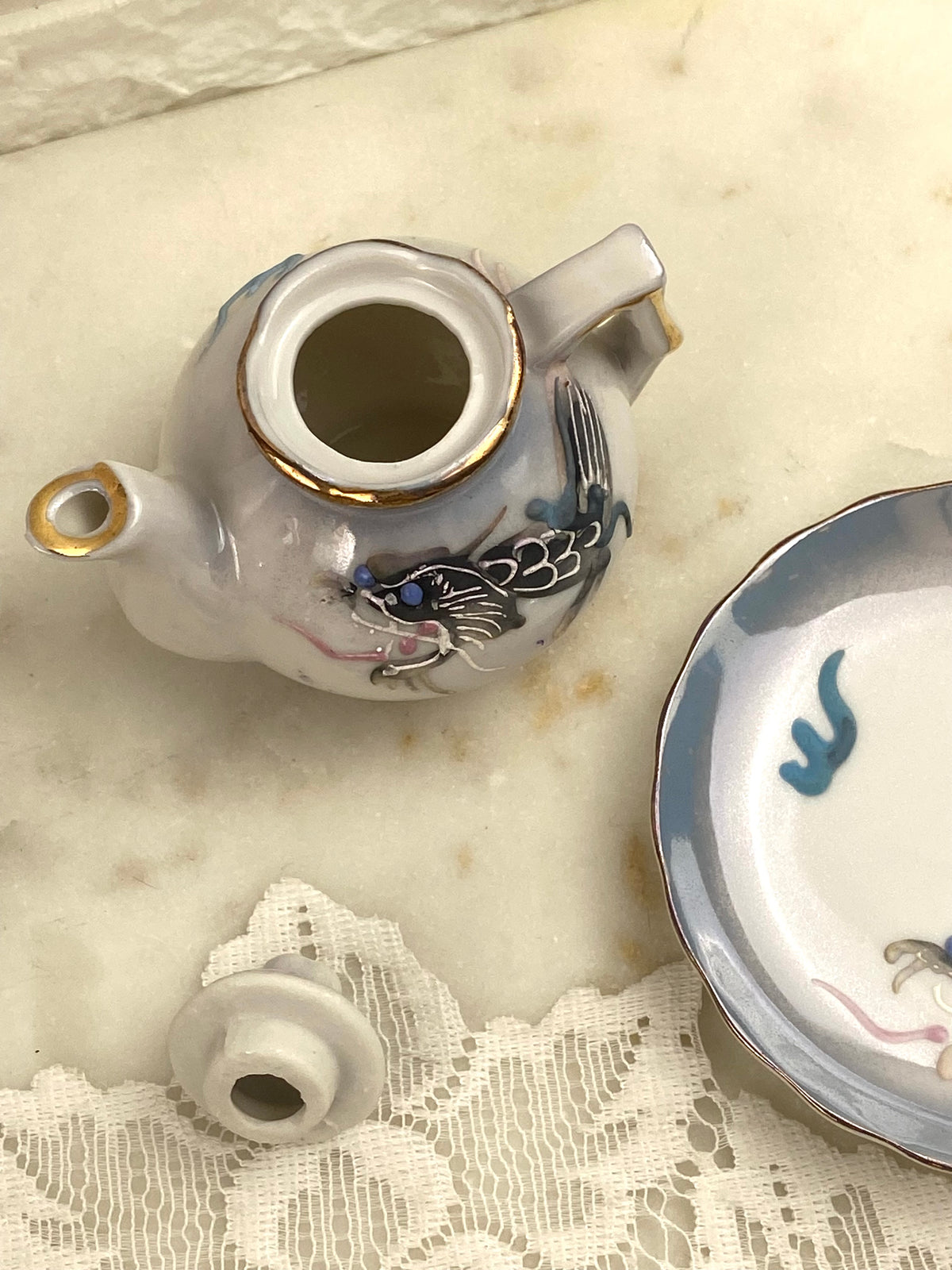 Hand Painted Porcelain Mini Teapot with Matching Plate | Textured Dragon with Irridescent Glaze