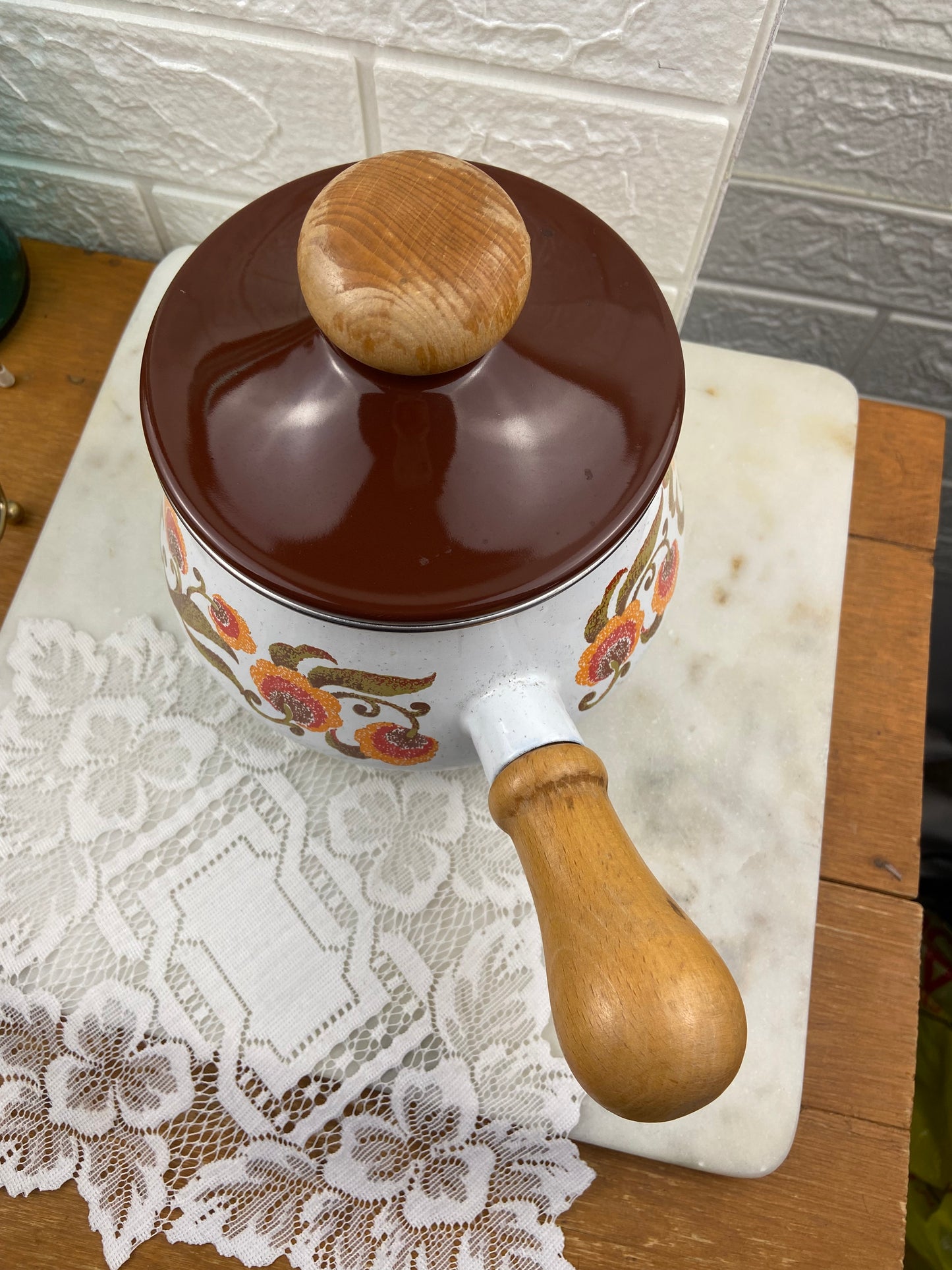 Enamel Saucepan / Fondue Pot with Lid and Wooden Handles | MCM