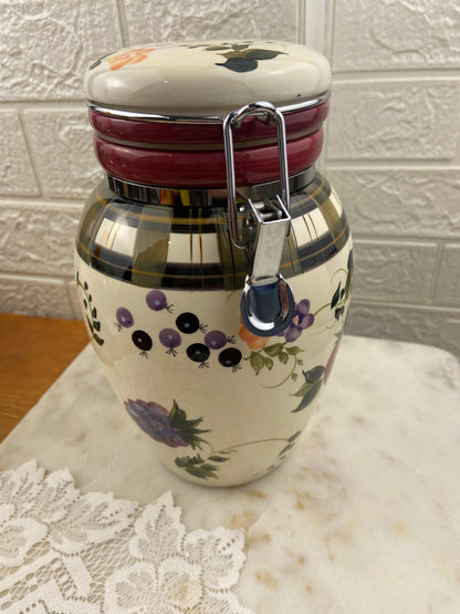 Oneida Hand Painted Ceramic Canister with Metal Closure | Strawberry Plaid Pattern
