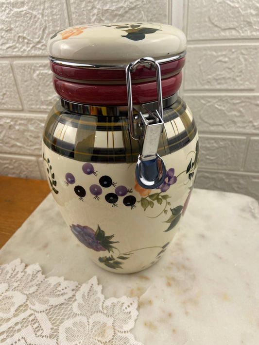 Oneida Hand Painted Ceramic Canister with Metal Closure | Strawberry Plaid Pattern