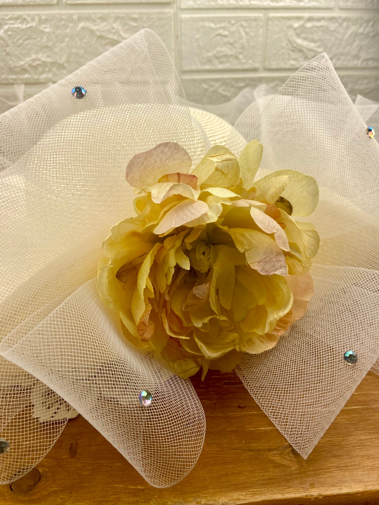 Gauzy Cream and Floral Sinamay Derby Hat with Rhinestones [One Size] by KaKyCo