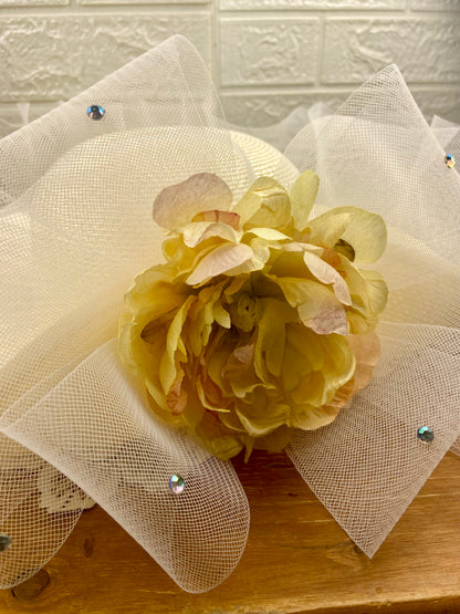 Gauzy Cream and Floral Sinamay Derby Hat with Rhinestones [One Size] by KaKyCo