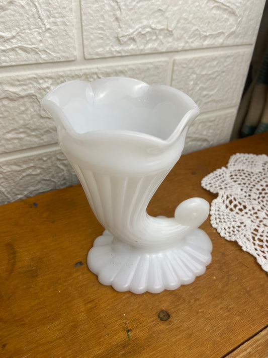 Milk Glass Cornucopia Vase by Jeanette Glass