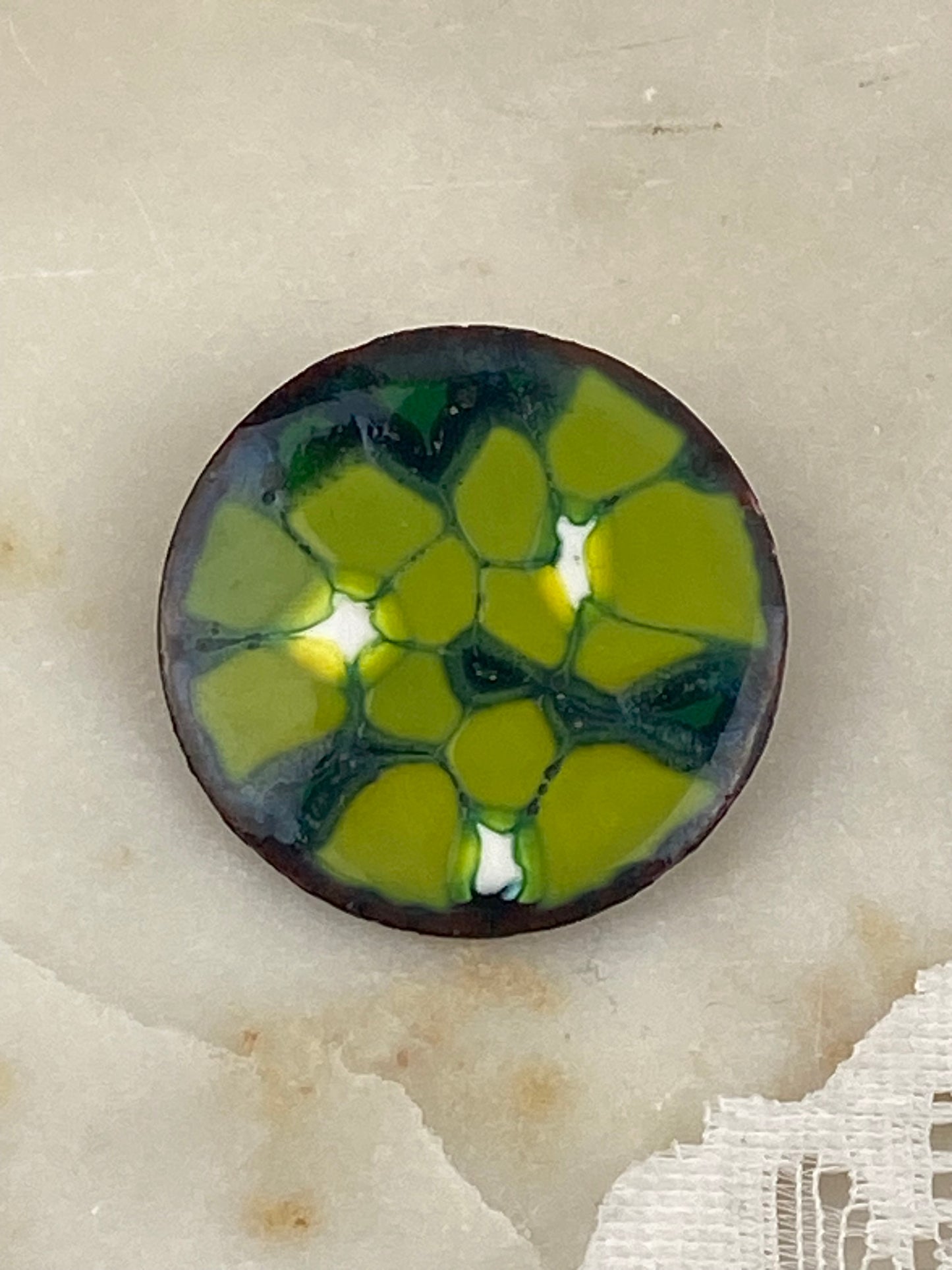 Hand Painted Copper Artisan Brooch with Green Enamel Floral Design