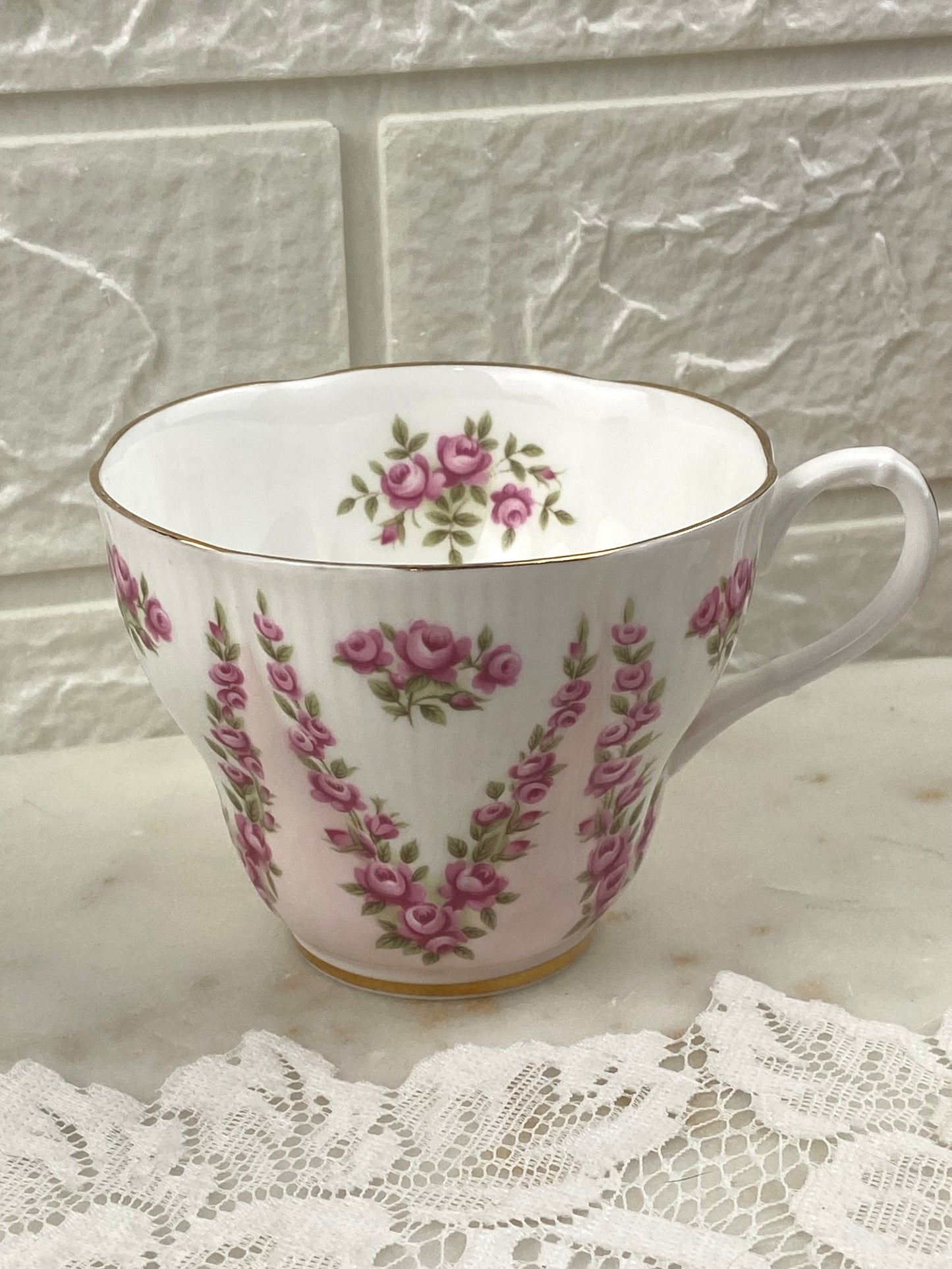 Bone Porcelain Teacup by Royal Albert | Pink Brocade Pattern