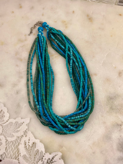 Plastic Seed-Bead Multi-Strand Necklace in Ocean Colours