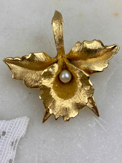 Brushed Gold-Tone Orchid Brooch with Faux Pearl by D’Orlan / Boucher
