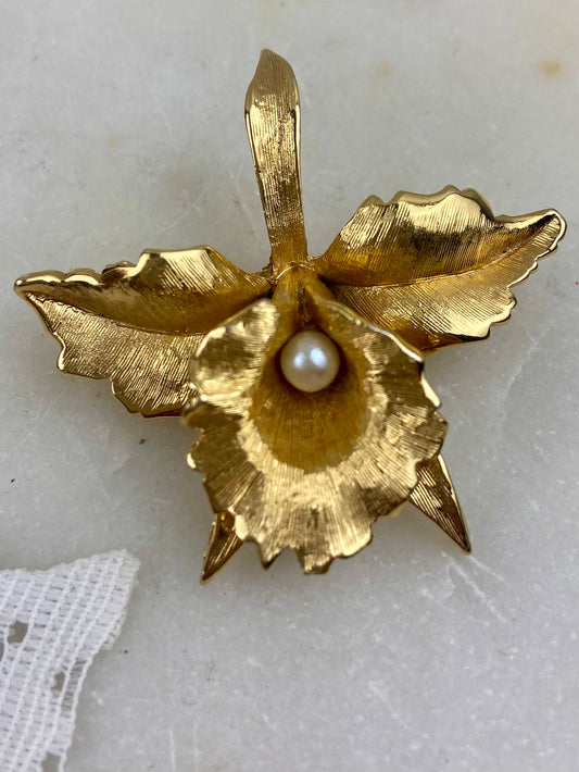 Brushed Gold-Tone Orchid Brooch with Faux Pearl by D’Orlan / Boucher