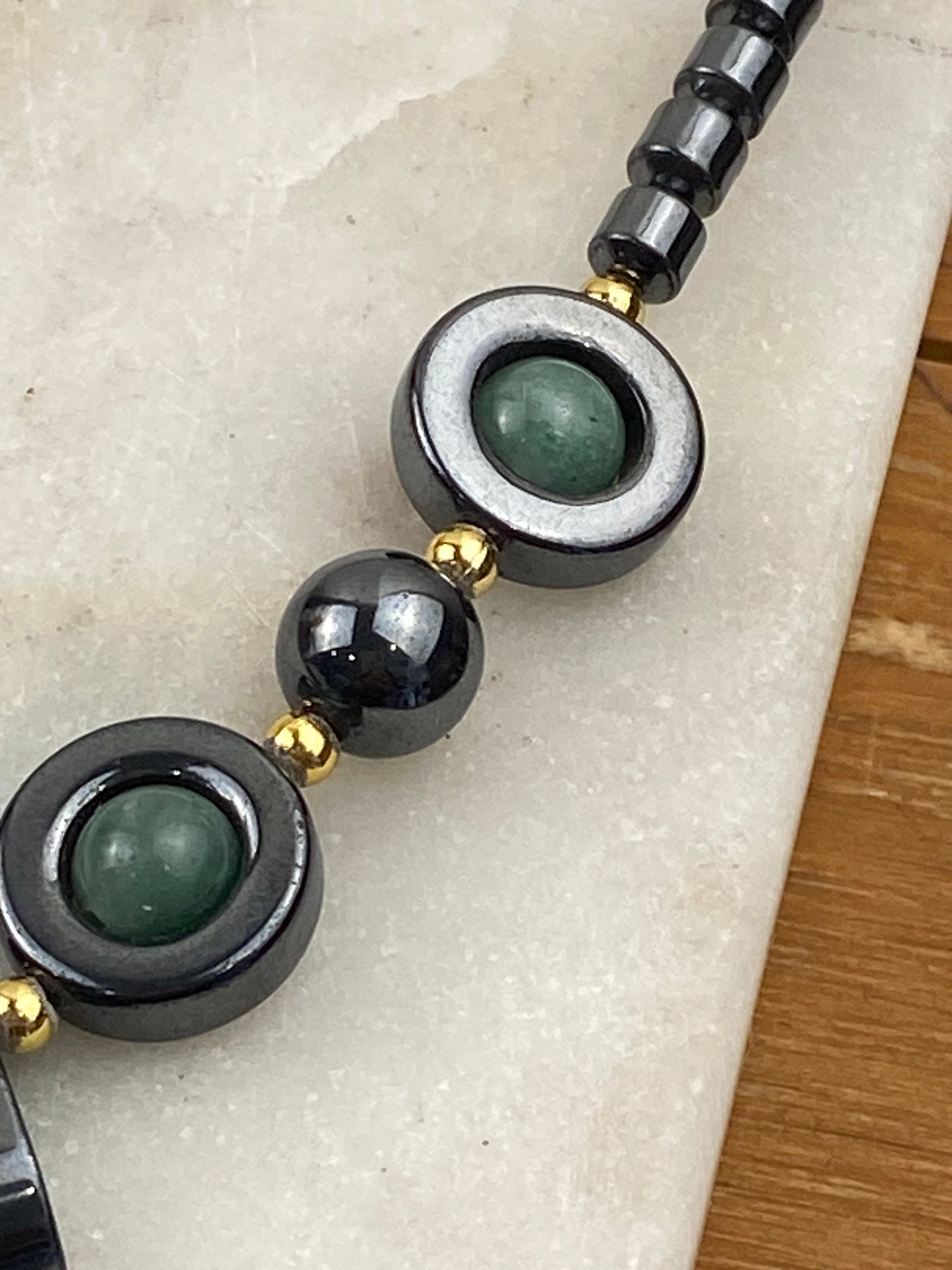 18” Hematite Waterfall Necklace with Green Gemstone Beads and Screw Clasp
