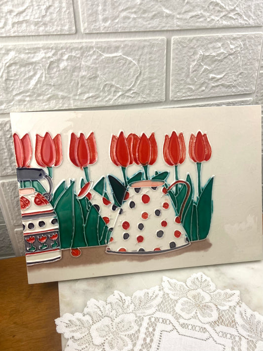 Glossy Ceramic Decorative Tile with Tulips and Teapots