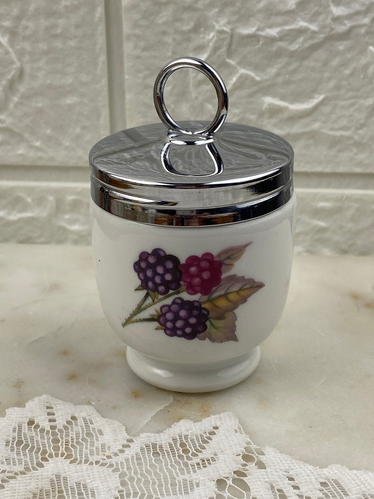 Porcelain Egg Coddler with Peach and Berries Design | Screw Top Lid