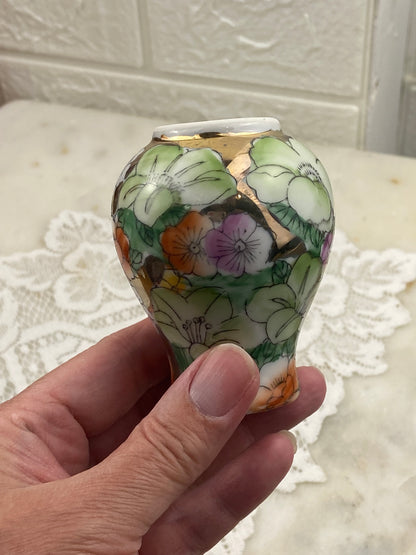 Chinese Green & Gold Floral Mini Bud Vase