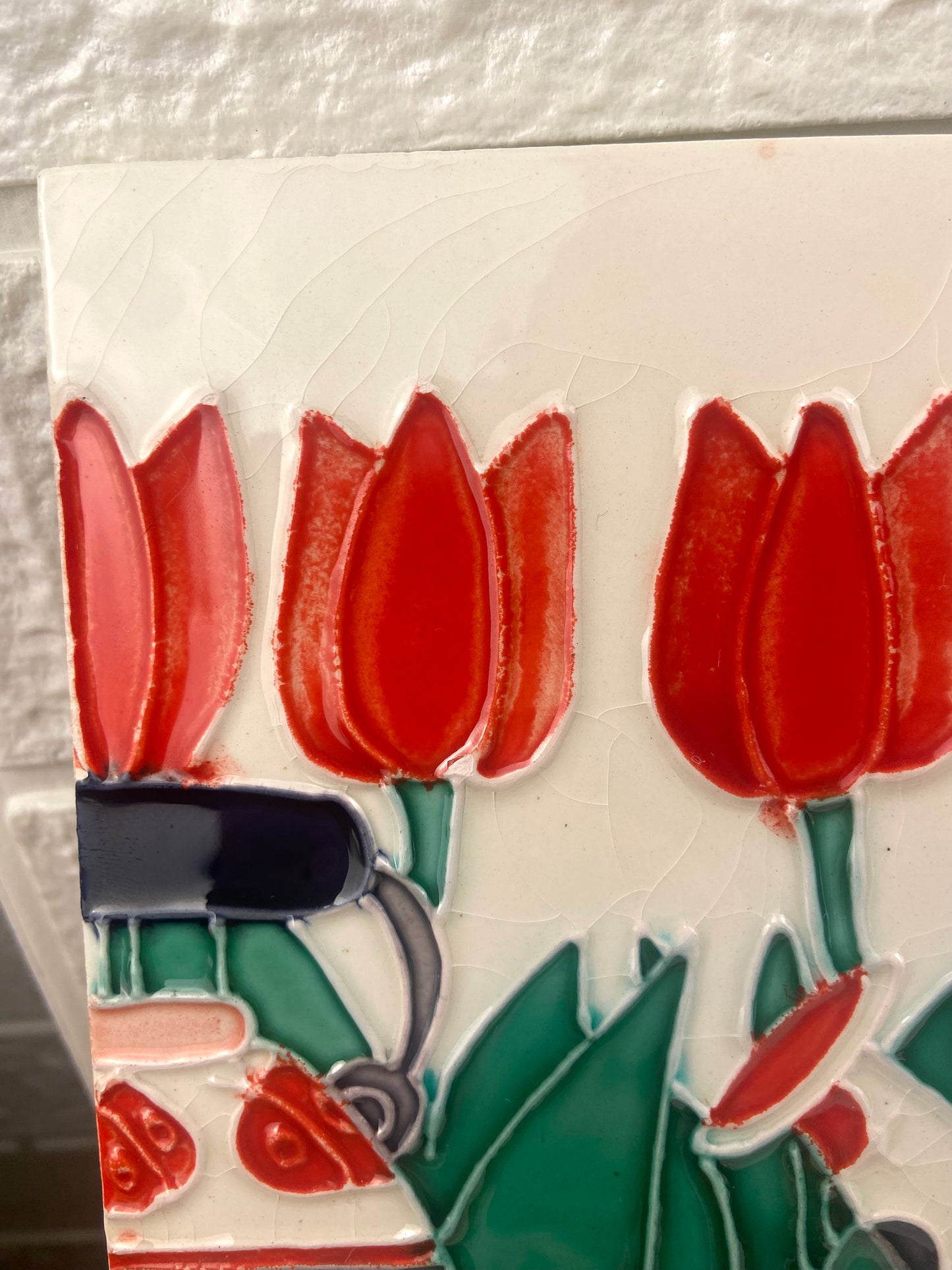 Glossy Ceramic Decorative Tile with Tulips and Teapots