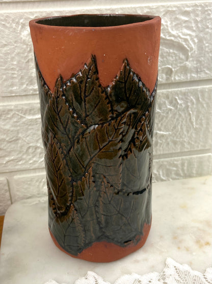 Handmade Red Clay Cylinder Vase with Glazed Textured Leaf Pattern