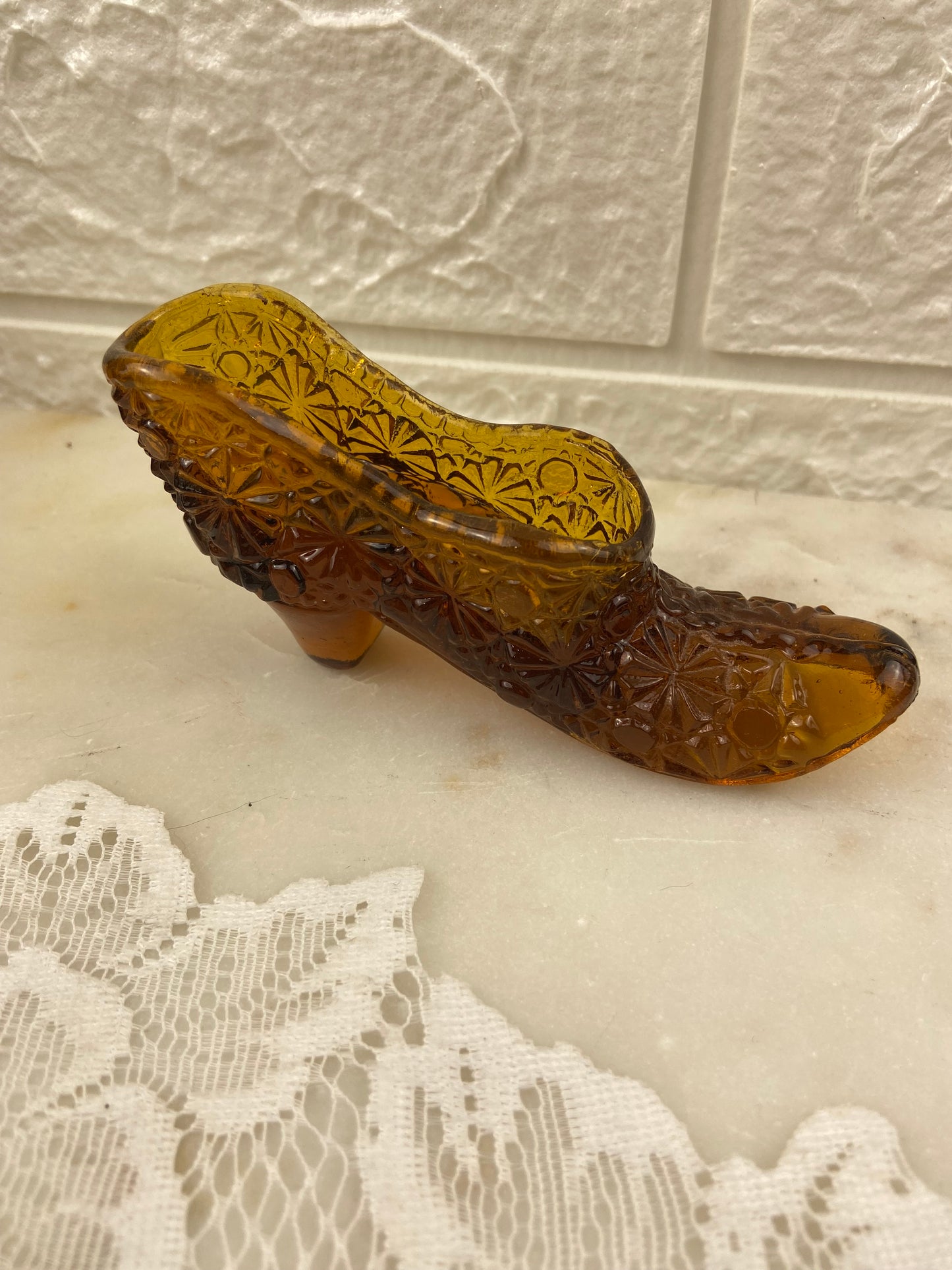 Dark Amber Glass Slipper with Button & Daisy Pattern | Match Strike Heel