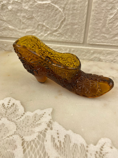 Dark Amber Glass Slipper with Button & Daisy Pattern | Match Strike Heel