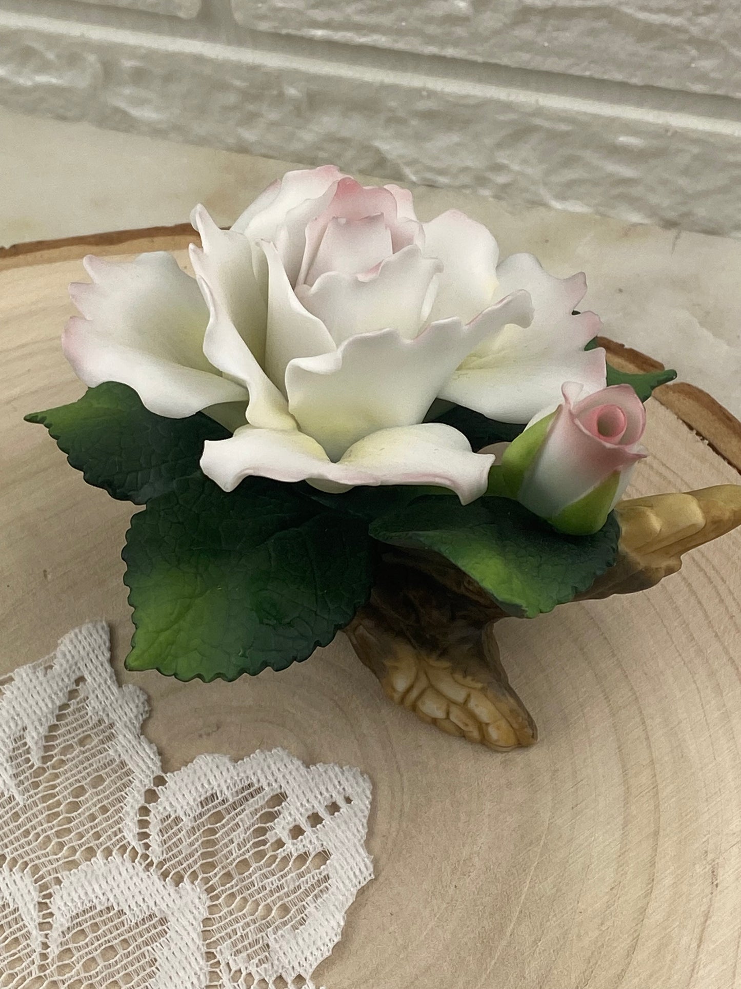 White Bisque Porcelain Rose with Rosebud on Small Branch | Andrea by Sadak