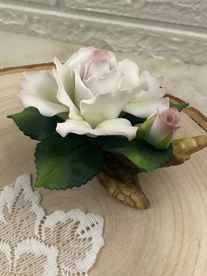 White Bisque Porcelain Rose with Rosebud on Small Branch | Andrea by Sadak