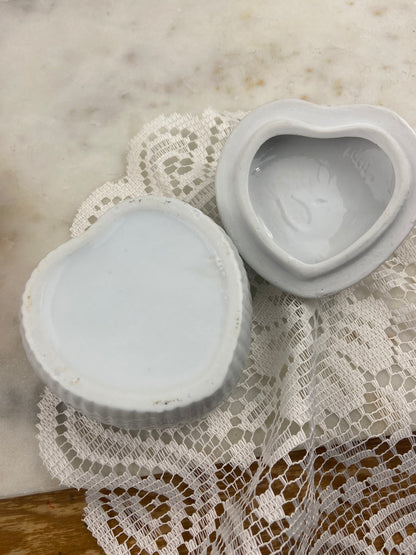 Ceramic Heart-Shaped Trinket Box with Kissing Love Birds and Sculpted White and Blue Roses