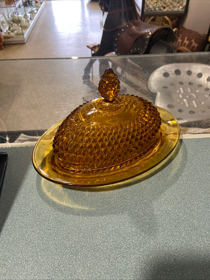 Vintage Amber Glass Covered Butter Dish by Indiana Glass Company | Diamond Point Pattern MCM