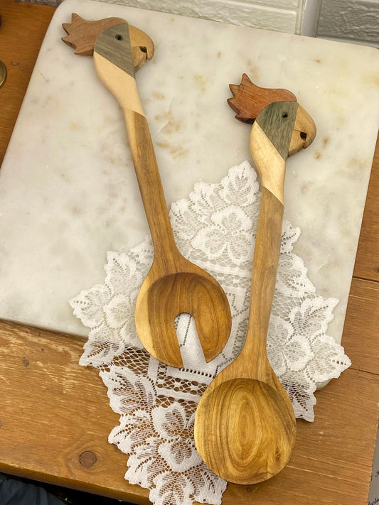 Pair of Handmade Wooden Salad Spoons with Parrots’ Heads