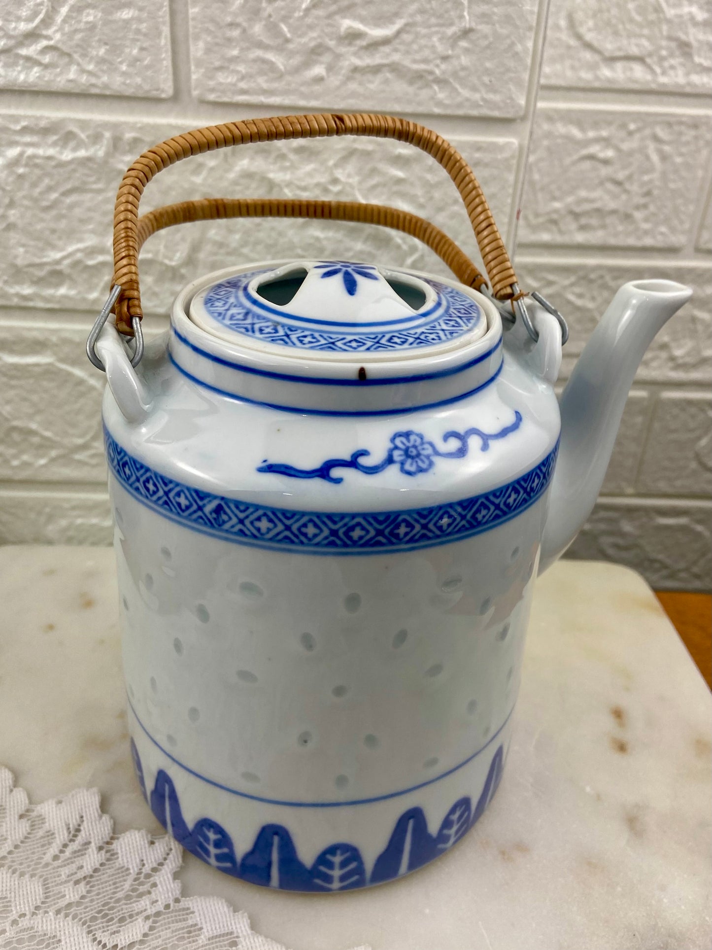 Blue and White Chinese Teapot with Translucent Ling Long or Rice Grain Pattern | Rattan Handle