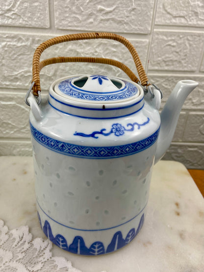 Blue and White Chinese Teapot with Translucent Ling Long or Rice Grain Pattern | Rattan Handle