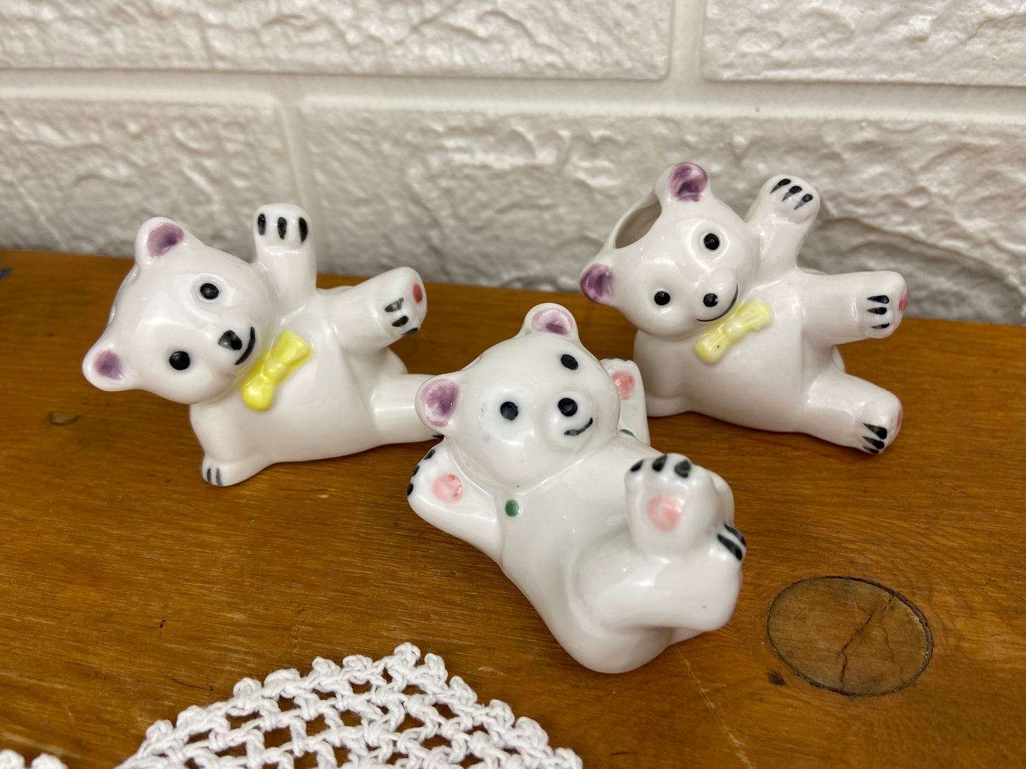 Set of Hand Painted Ceramic Teddy Bears | Salt & Pepper Shakers with Toothpick Holder