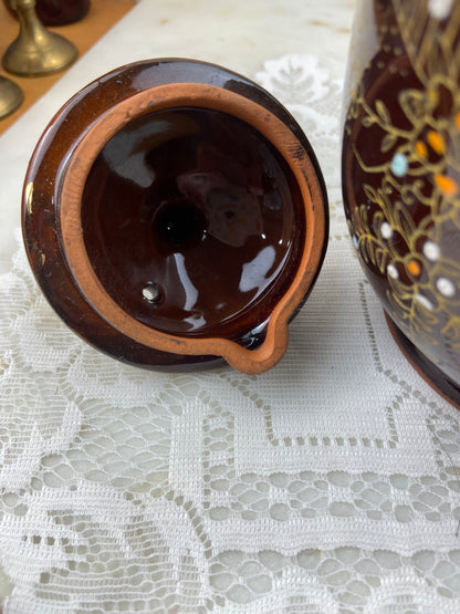 Japanese Redware | Small Brown Teapot with Hand Painted Enamel & Gold-Tone Design