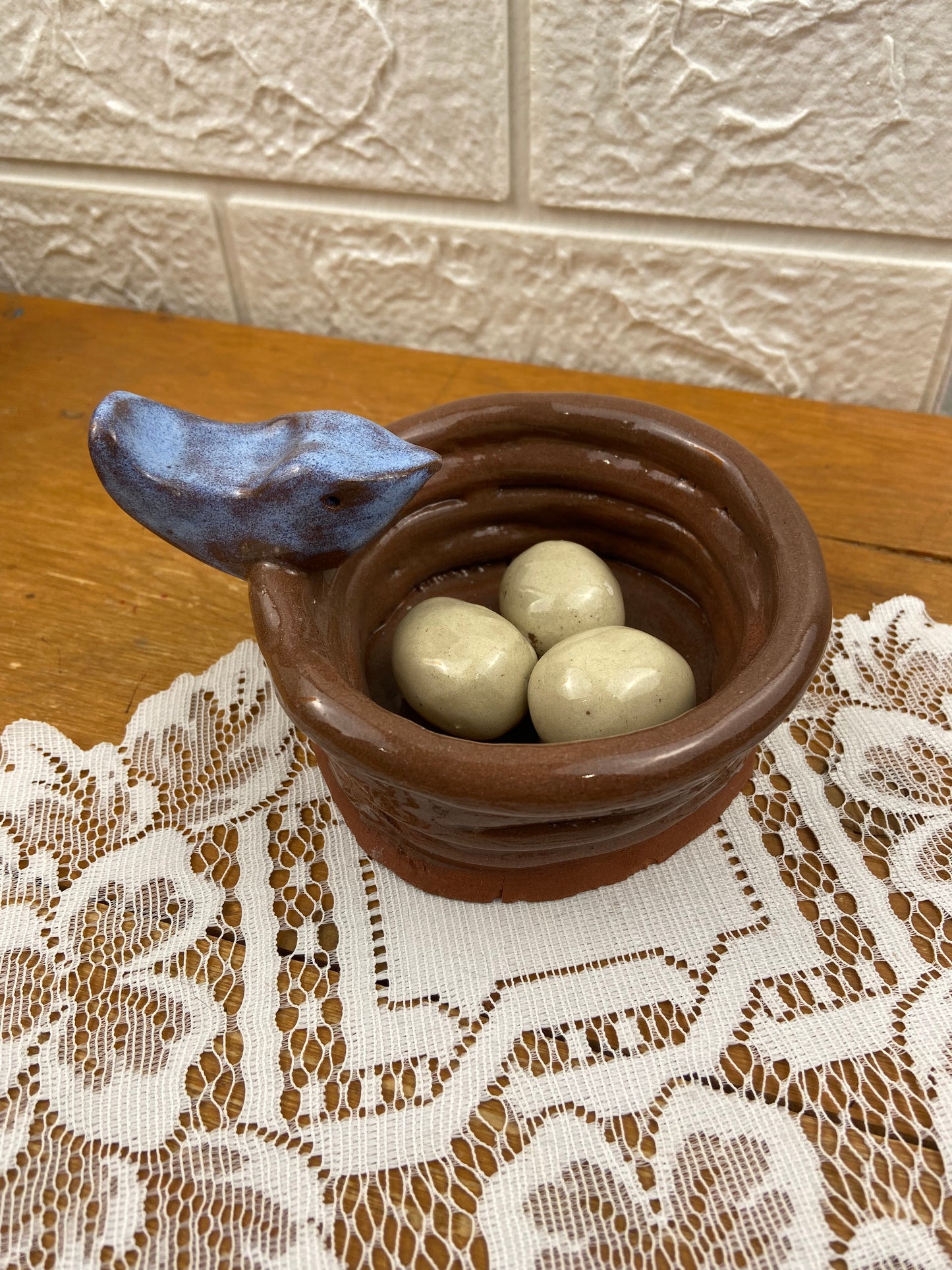 Handmade Clay Bird in Nest with Eggs by Pisces Pottery