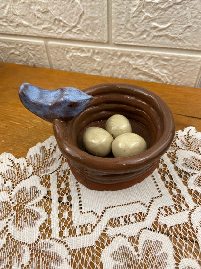 Handmade Clay Bird in Nest with Eggs by Pisces Pottery