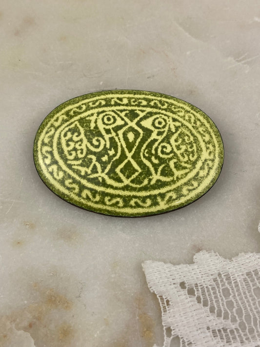 Green and Yellow Handmade Copper and Enamel Brooch by Playbird