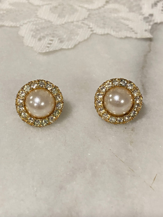 Round Faux Pearl and Rhinestone Earrings [Posts]