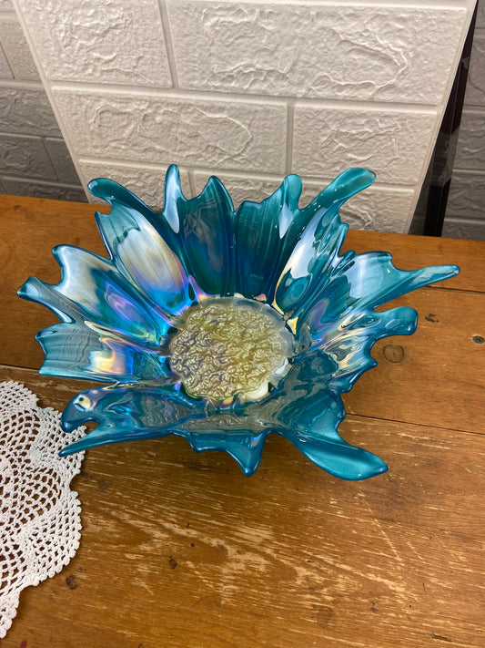 Iridescent Blue & Yellow Turkish Art Glass Bowl by Akcam